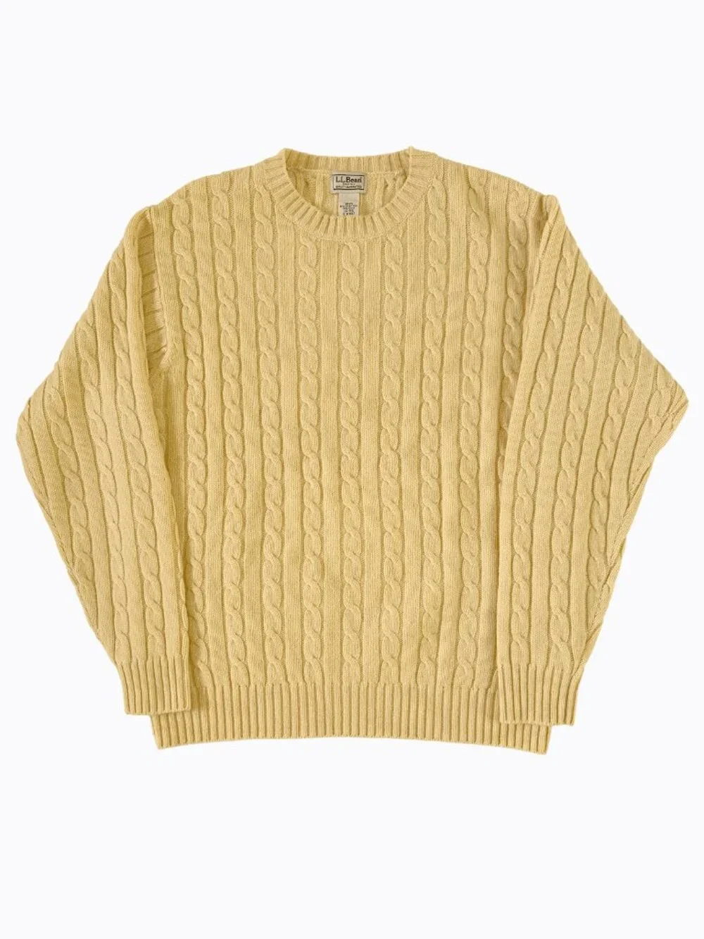 LL Bean Mens Lambswool Cable Knit Crewneck Sweater L Muted Yellow Preppy Classic